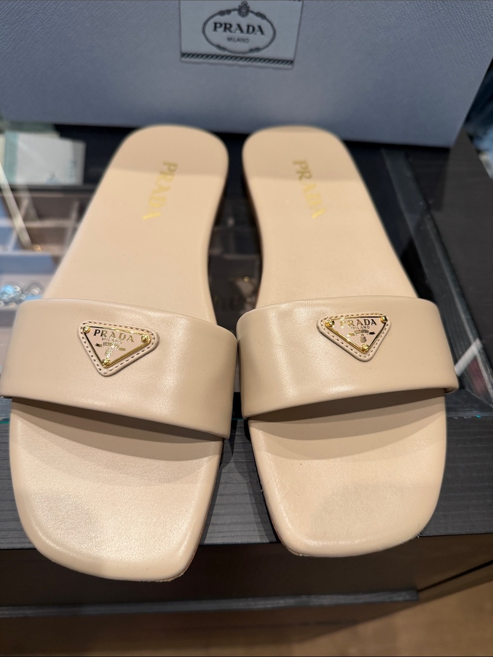 Prada Beige Leather Slide Mules with Triangle Logo - Picture 2 of 7